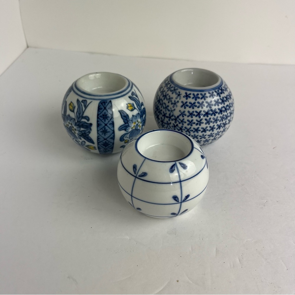 Blue White Orb Tea Light Candle Holders Porcelain Floral Set of 3